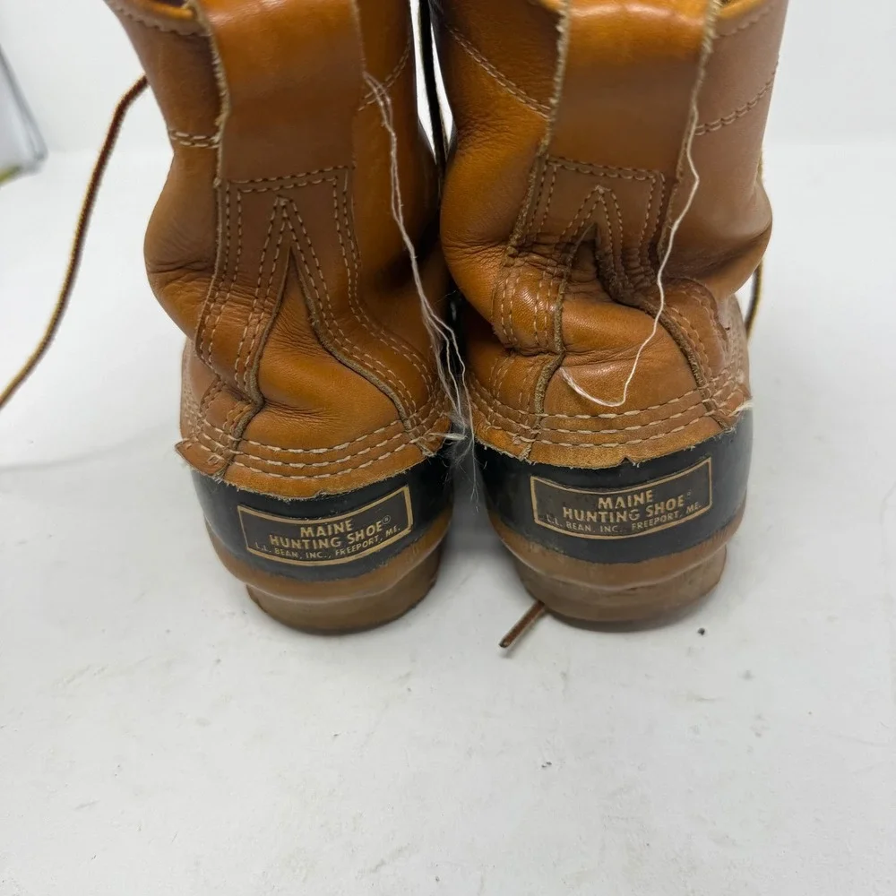 VTG LL Bean Maine Hunting Shoe Womens 7 Duck Boots Tan Leather Rubber USA Made